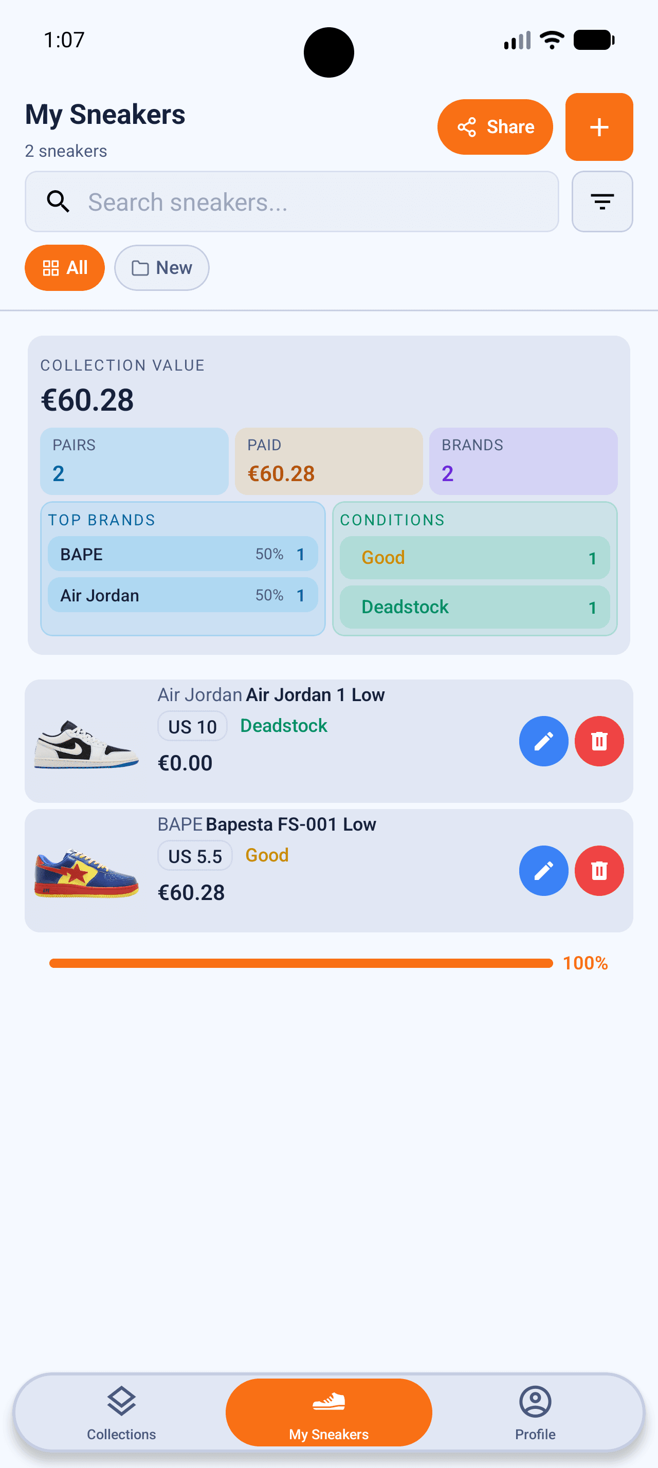 SneakersBook My Sneakers screen with €60.28 collection value, two pairs (Air Jordan 1 Low and BAPE Bapesta), brand and condition breakdown