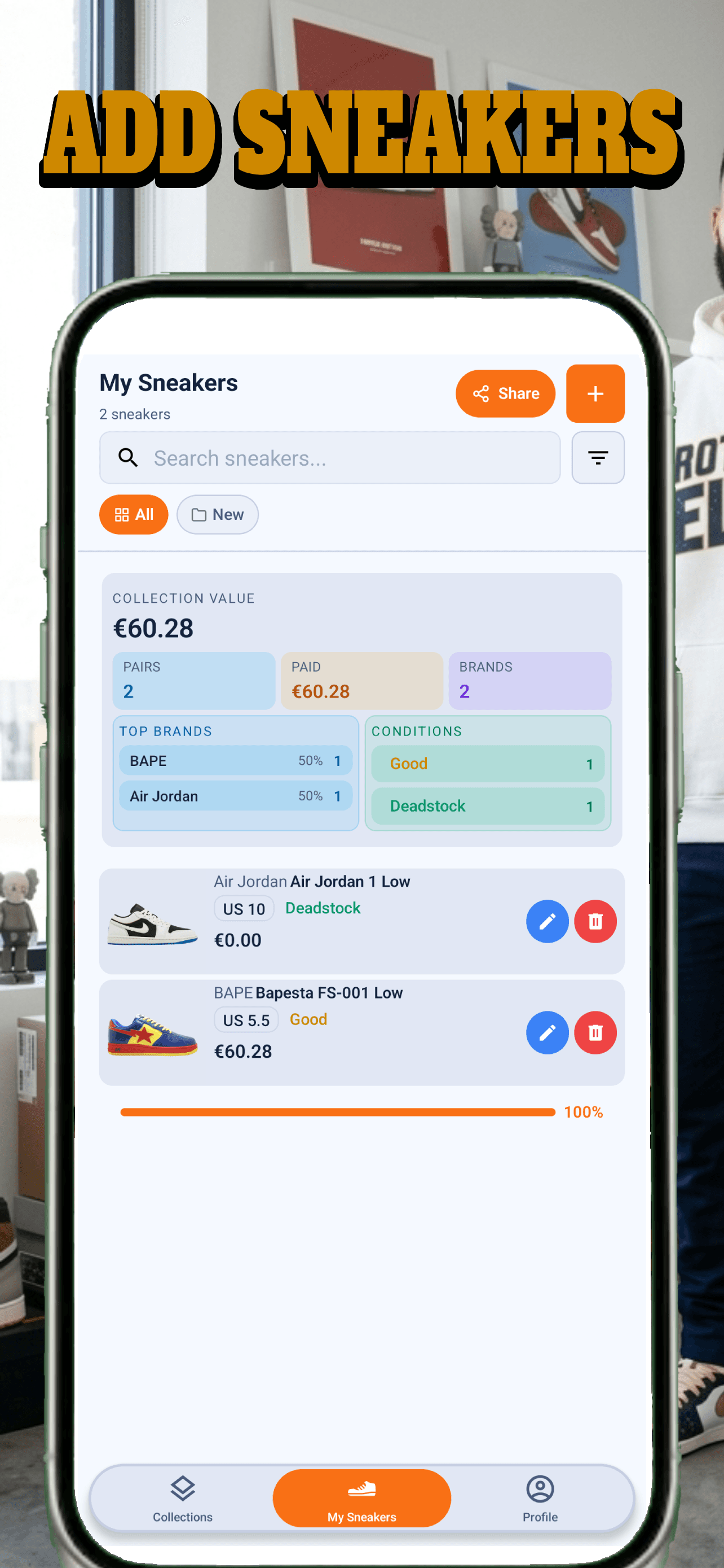 SneakersBook My Sneakers screen showing collection value, paired list, and brand breakdown