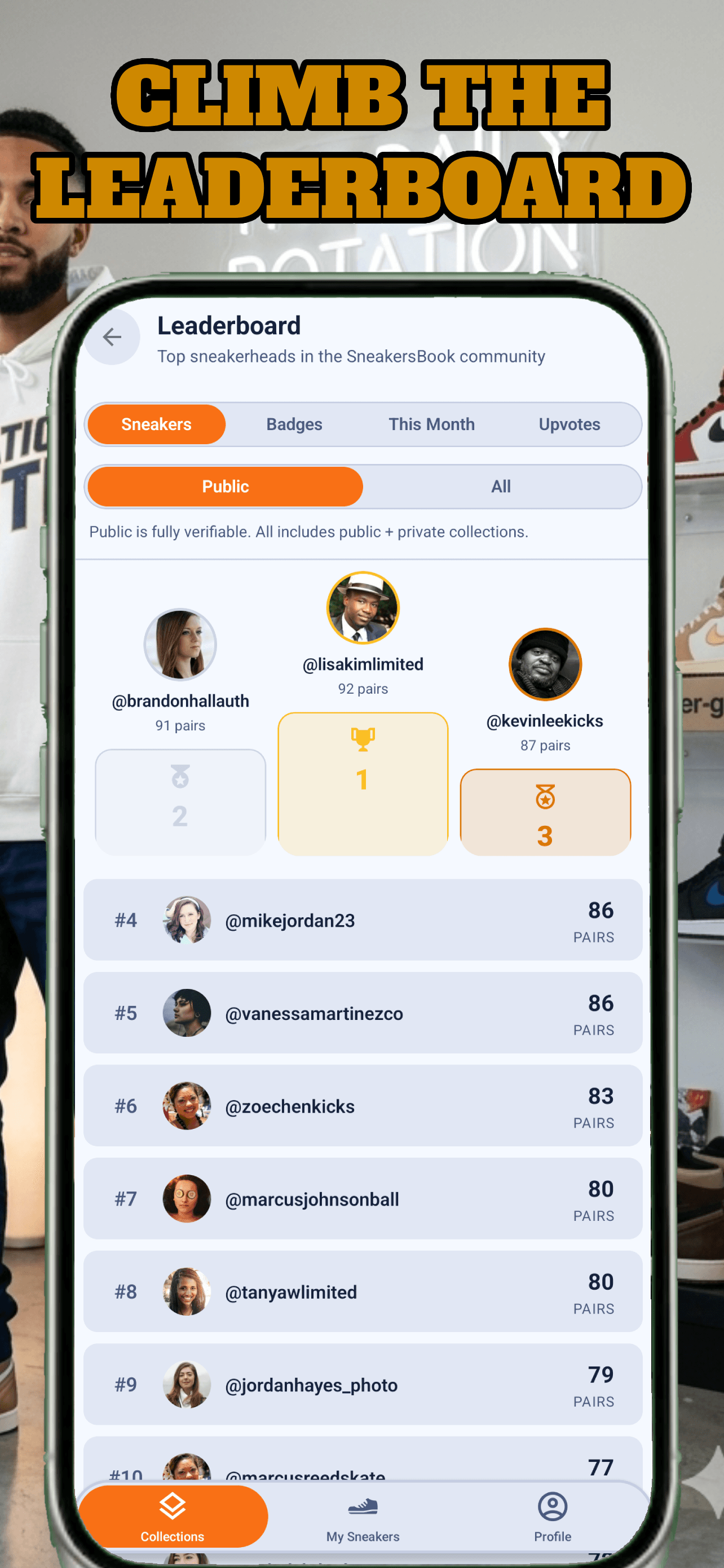 SneakersBook Leaderboard with top public collectors ranked by pair count