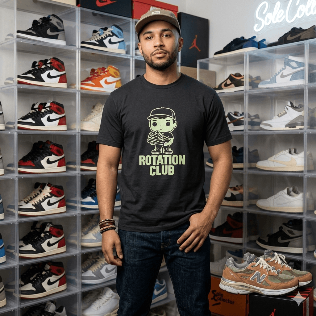 A SneakersBook collector wearing a Rotation Club tee in front of a Jordan 1 wall display