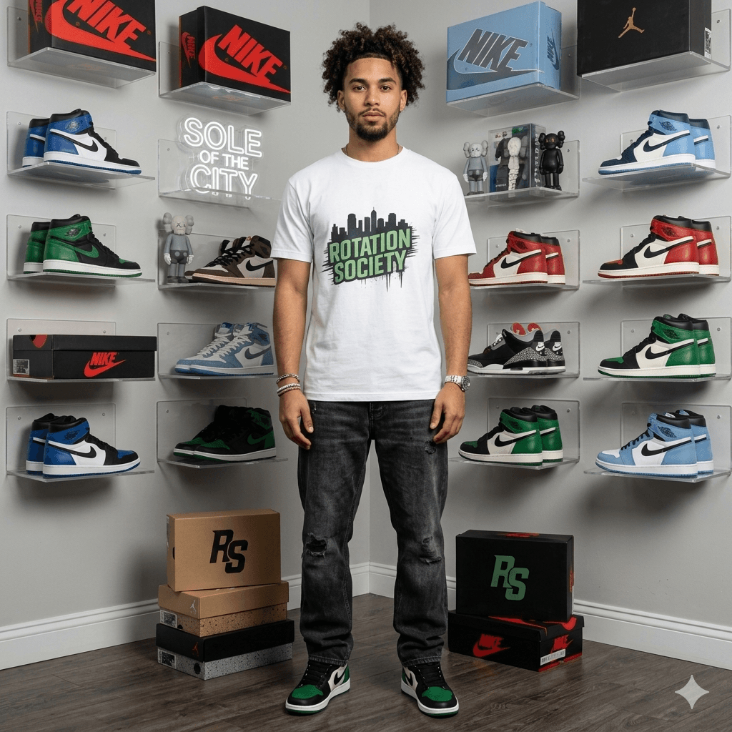 A SneakersBook collector in a Rotation Society tee in front of the Sole of the City Jordan 1 wall