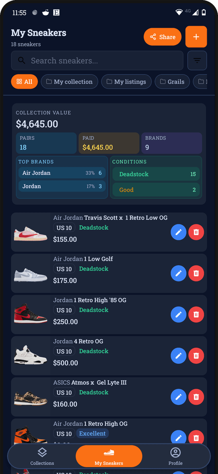 My Sneakers screen showing collection value and a list of pairs with their values