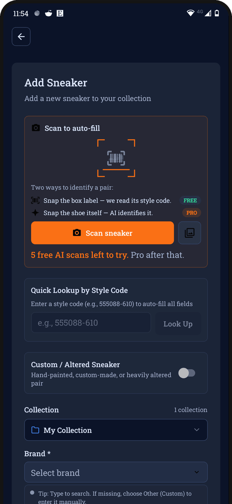 SneakersBook Scan to Add screen showing camera recognition with free and AI-powered scan options