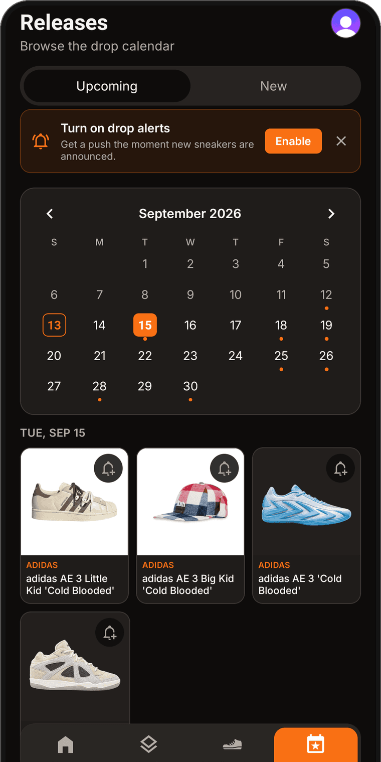 SneakersBook app screen: Never miss
